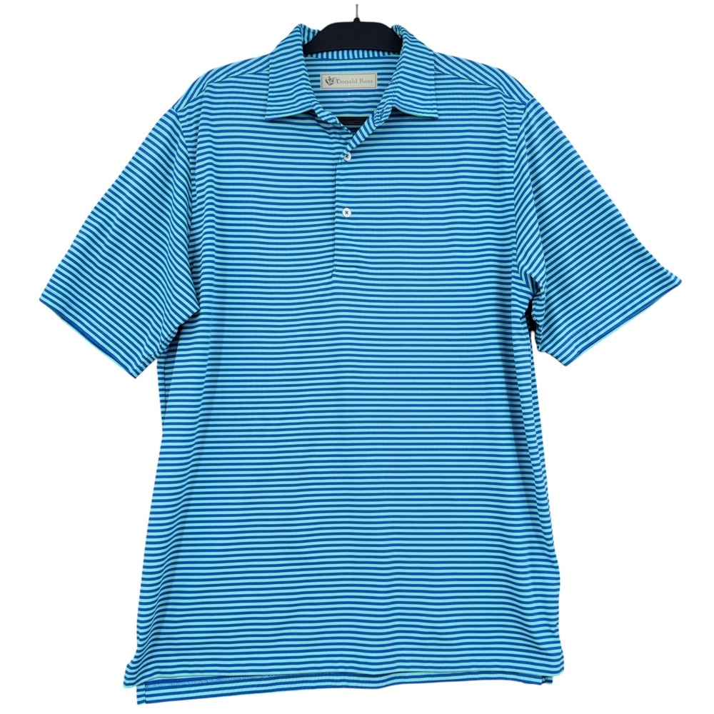 Donald Ross Striped Polo Mens Medium Polyester Blue Teal Golf‎ Shirt
